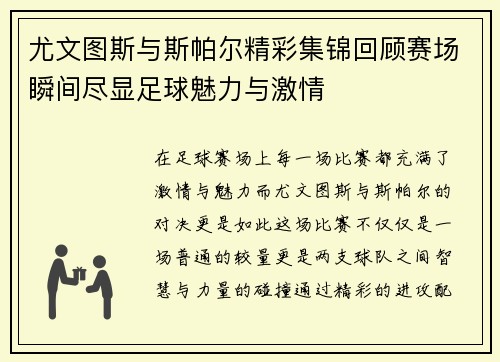 尤文图斯与斯帕尔精彩集锦回顾赛场瞬间尽显足球魅力与激情